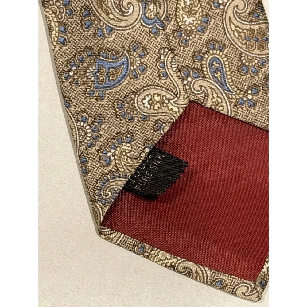 Vintage Michel Necktie Tan Beige Blue Paisley 100% Silk 57